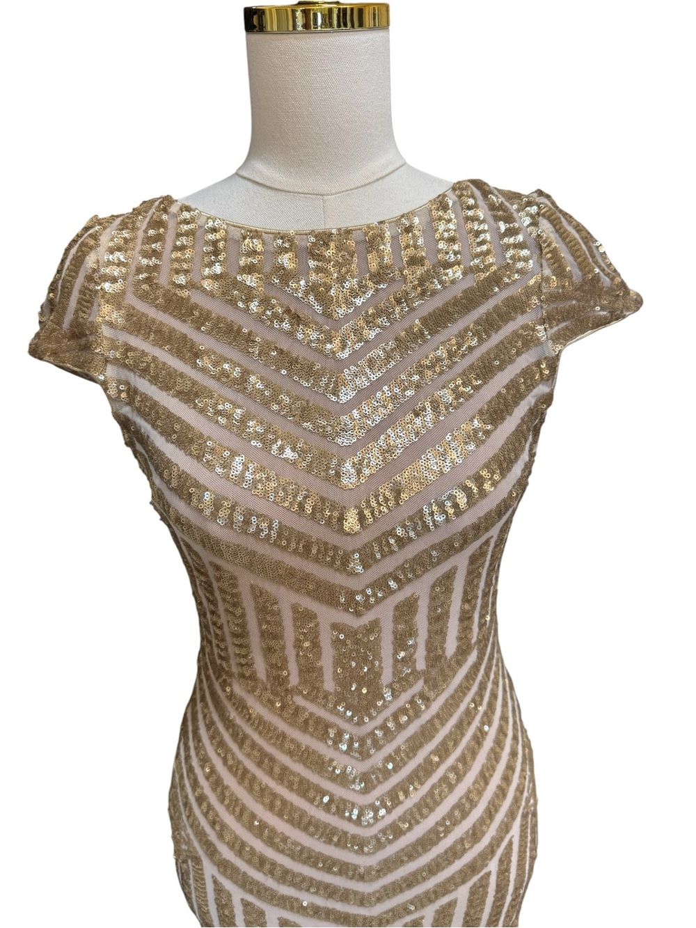 Dress the Population Tabitha Sequin Mini Dress Gold Nude Art Deco Open Back M - Picture 7 of 11